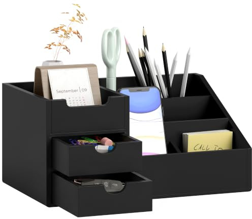 HOMCOM Aufbewahrungsbox für den Schreibtisch – Schreibtisch-Organizer – 7 Fächer, 2 Schubladen – lackierter Bambus, Schwarz