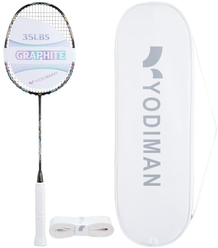 YODIMAN Pro Carbon Badmintonschläger – Leicht & Hochleistung für Wettkampf (35 lbs Bespannung, 46T Graphit, 0.68mm String, Profi-Level) (Raven)