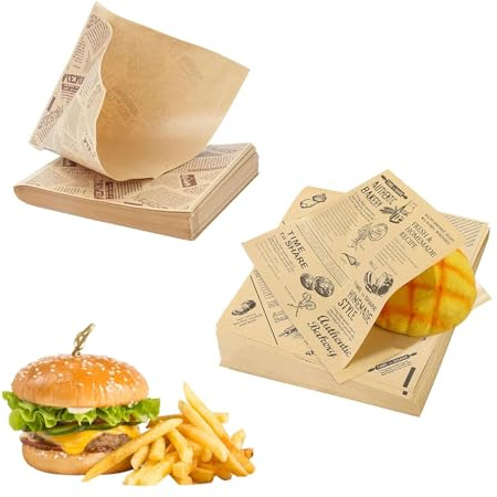 SHENGYIG Lot de 100 Feuilles de Papier à Hamburger 15 X 15 cm | Pour Sandwichs, Frites et Biscuits, Papier à Fromage avec 2 Designs, Papier D'emballage Jetable pour Snacks