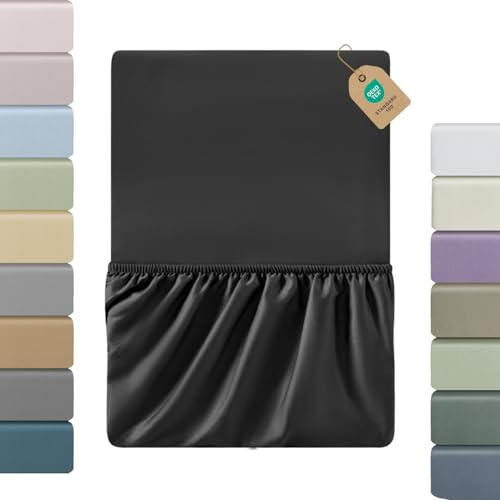 SOULFUL Satin Spannbettlaken 180x200cm Baumwolle Oeko-TEX Anthrazit | 100% Langstapelige Baumwolle Kühlend Seidig Luxus Spannbettlaken bis 25cm Matratzenhöhe für Allergiker Geeignet