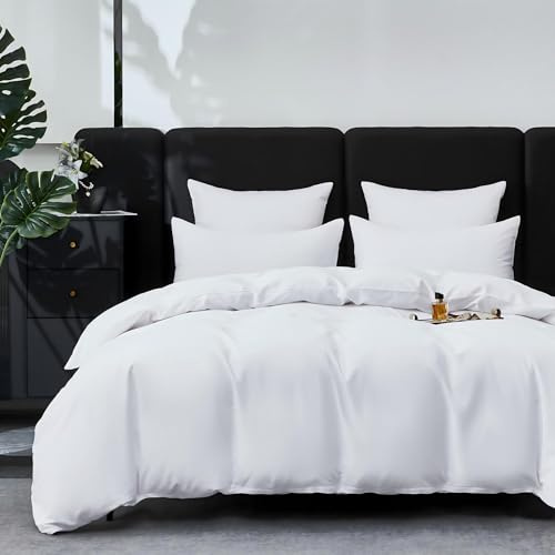 YASMENG Satin Bettwäsche 200x220 Weiß 100% Langstapelige Baumwolle Kühlend Mako Satin Bettwäsche Weich Seidig Atmungsaktiv Seide Bettbezug Set 3 Teilig mit Reißverschluss und 2 Kissenbezüge 80x80 cm