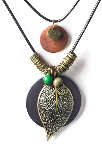 Tiong Multilayer Leather Cord Necklace Handmade Vintage Leaf Wooden Disc Boho Sweater Necklace for Women
