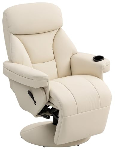 HOMCOM Manual Recliner Chair with Footrest, Upholstered Reclining Armchair with Adjustable Backrest and Cup Holder, PU Leather Swivel Chair for Living Room, Bedroom, Cream White