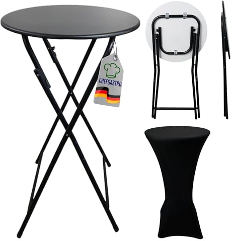 CHEFGASTRO Tavolo da bar con coperture pieghevole rotondo HxØ 110x60cm da bistrot per interni ed esterni in acciaio pannello MDF con rivestimento in PVC Nero