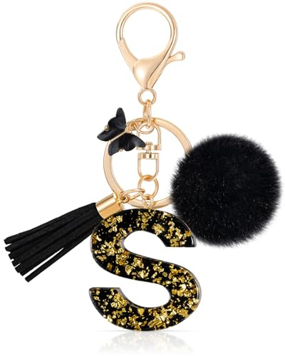 MWOOT Initiale Letter Keychains Porte Clé Lettre S,Alphabet Initial Keyring avec Papillon Pompon Pendentif,Porte-clés Noir Feuille D'or Key Ring pour Femmes Portefeuilles Bagages Charme (S)