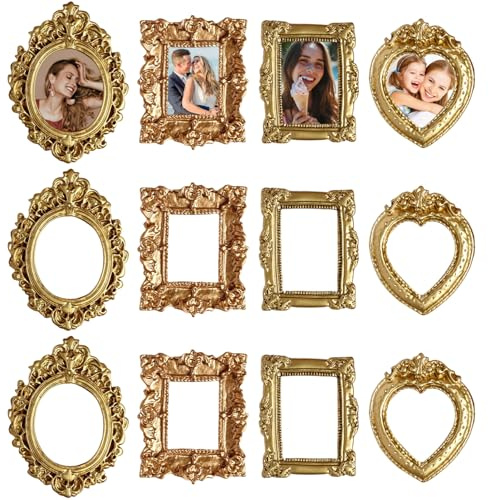 Paquete de 12 Mini Marcos Dorados, Marcos de Fotos pequeños Antiguos barrocos con 4 Formas para Manualidades y exhibición, Dorado, decoración Decorativa