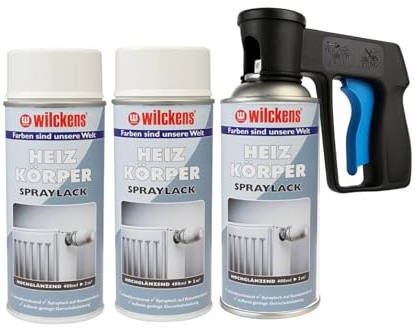ARLI Set di 3 x vernice spray per radiatori bianco lucido 400 ml RAL 9010 + 1 x pistola a spruzzo per bombolette spray, set per radiatori, tubi dell'acqua calda