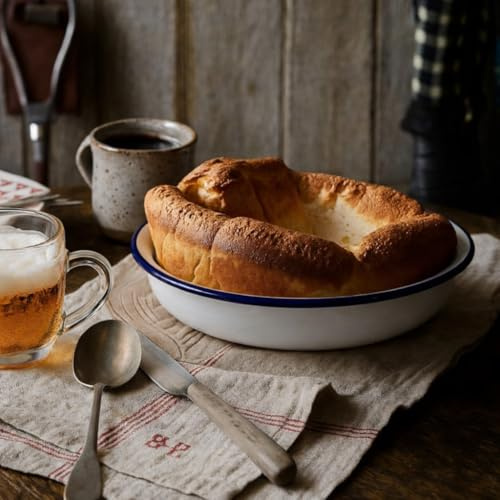 FAQQI Extra Large Yorkshire Pudding Pans, 10 in Deep Tins, 2 Pack | Round Enamel Tins, 1.57 in Deep, For Giant Yorkshire Puddings, Sunday Roasts And British-Style Family Meals, Recipe Card