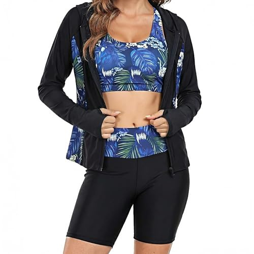 Owntop UV Rashguard set dam 4-delad – långärmad simskjorta med UV-skydd, badbyxor och bikinitopp, funktionella badkläder för strand, simning, vattensport, svart, M