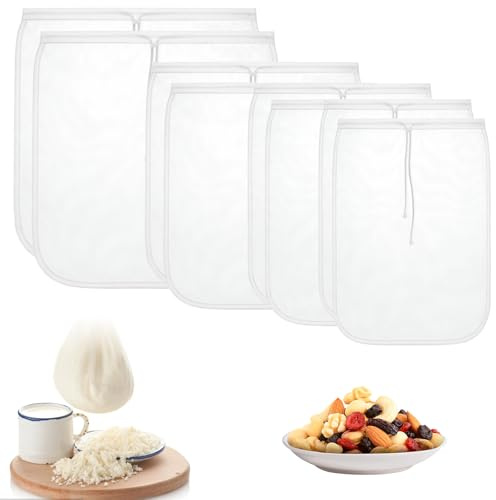 8 Pcs Nut Milk Bag, Reusable Nut Milk Bag, Food Grade Nylon Cheese Cloth Bags, Fine Mesh Nylon Cloth Bags for Straining Fruit Juice Cheese Tofu Yogurt Tea Ginger
