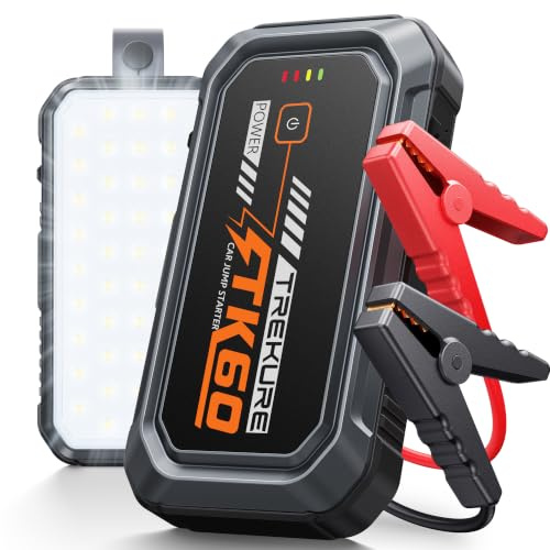 TREKURE 6000A Jump Starter Power Pack, 12V Car Battery Booster Jump Starter for up 9L Gas/6.5L Diesel Engine, Car Jump Starter with Magnetic LED Light, Car Jump Starter Power Bank with Jump Leads