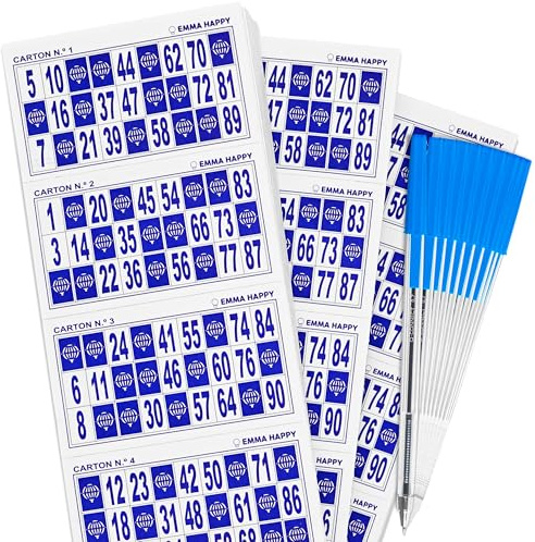 EMMA HAPPY Cartones de Bingo Azules 90 Bolas – 1800 Unidades (3x600) Numeradas 1 al 90 + 10 Bolígrafos Azules – Bingo Tradicional en Cartón para Fiestas, Residencias y Asociaciones