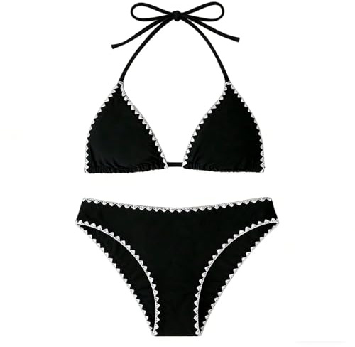 Maillot de Bain Femme Bikini Triangle Deux Pièces avec Bordure Crochet Blanc, Style Rétro pour Plage et Vacances d'Été Plusieurs Couleurs