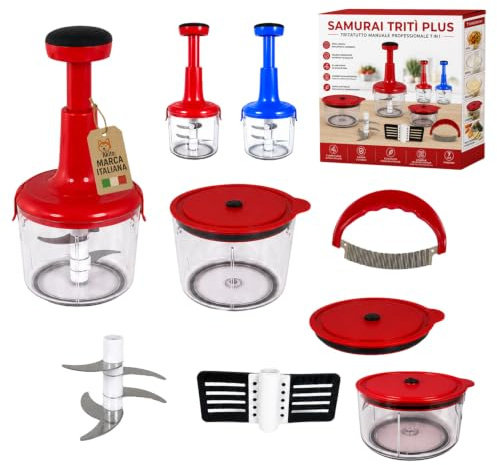 Akitaink Samurai Tritì Plus Tritatutto Manuale a Pressione con 5 Lame in Acciaio Inox, 3 Contenitori, Emulsionatore, Mezzaluna Ondulata e Coperchio Salvafreschezza, Colori Assortiti