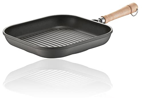 Berndes Classics Grillpfanne Bonanza 24 cm, eckige Pfanne mit 3-lagiger Antihaftversieglung und Holzstiel, robuster Aluguss, antihaft beschichtet, grau, 071031