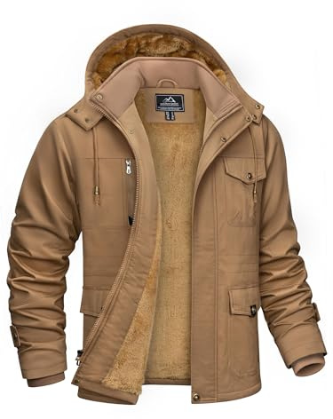 KEFITEVD Chaqueta de invierno para hombre Chaqueta de transición con forro Chaqueta de trabajo gruesa Bolsillos múltiples Chaqueta cortavientos del ejército Caqui