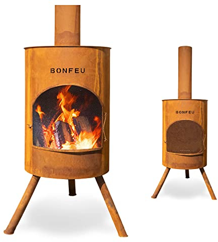 BonFeu BonTon 60 Grate - Patio stove - Fireplace with spark protection for relaxing evenings - Fire column outdoor - Patio fireplace with barbecue grate - Corten steel garden stove - 60x60x205cm