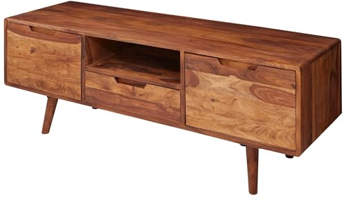 FineBuy Lowboard 135x45x51 cm Sheesham Massivholz, TV-Kommode Landhaus | Fernsehschrank für Fernseher bis 50 Zoll mit Schublade und 2 Türen, HiFi Board aus Echtholz, handgefertigt