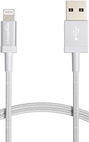 Amazon Basics USB-A to Lightning Charger Cable, Nylon Braided Cord, MFi Certified Charger for Apple iPhone 14 13 12 11 X Xs Pro, Pro Max, Plus, iPad, 1.8 m, Silver