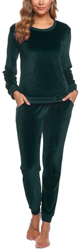 Wayleb Damen Schlafanzug Lang Velour Pyjama Set Langarm Rundhals Flanell Loungewear Freizeitanzug Zweiteiliger Homewear Kuschelig Samtanzug Sportanzug Jogginganzug mit Tasche, Grün S