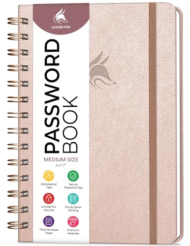 Clever Fox Password Book Spiral – Internet Address Log Book with Alphabetical Tabs, Password Keeper & Organizer - Medium 15.5x19.6cm (Rose Gold)