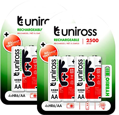 Uniross Wiederaufladbare Batterien Hybrio Stilo AA / HR6 Ni-MH 1,2 V 2350 mAh - 2 Blister mit 4 Batterien