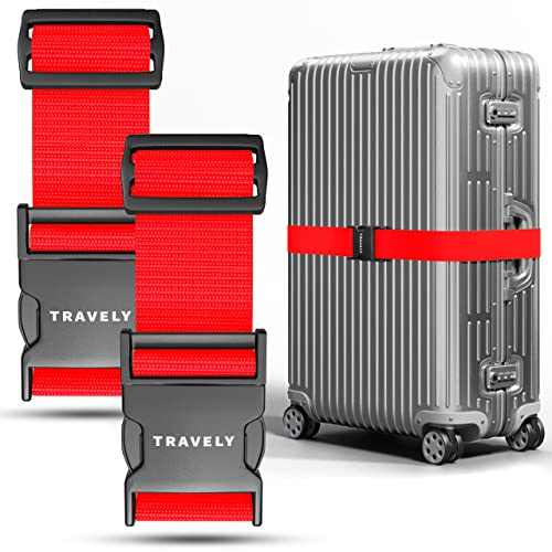 Travely® Cinghia per valigia alta qualità, accattivante e sicura, 2 targhette nome, nastro bagagli croce, set 2 pezzi, rosso