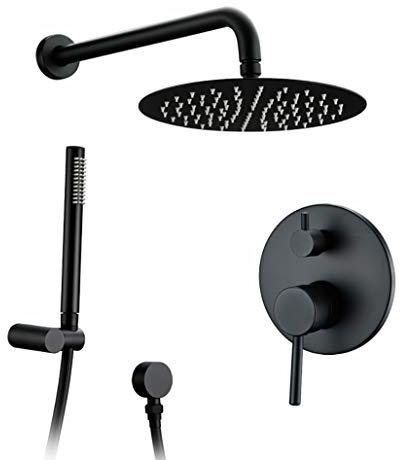 DERBUT Duschsystem, Messing-Schwarz-Wand-Badezimmer-Duschgarnitur mit 8-12-Zoll-Edelstahl-Rundregen-Duschkopf-Handbrause, Luxus-Duschgarnitur, 8 Zoll