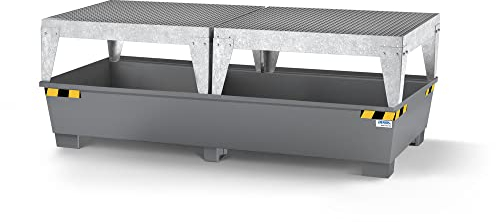 DENIOS® Auffangwanne aus Stahl | mit verzinktem Gitterrost | Stahl | grau | für 2 IBC à 1000 Liter | 1000 Liter | 1300 x 2200 x 1045 mm | Arbeitssicherheit Notfall-Umweltschutz-Produkte