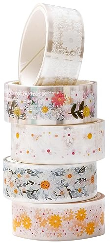 KAVI' S 5 rullar blommor washi tejp papper PET dekorativ vintage maskeringstejp transparent tejp färgglada för scrapbooking hantverk (daisy)