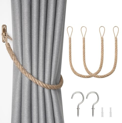 NICEEC 2 Pack Natural Jute Rope Curtain Tiebacks Boho Rustic Style Decorative Drape Tie Backs Elegant Hand-Woven Rope Curtain Holdbacks with Metal Hook for Home & Office Drapery (Jute-Rope)