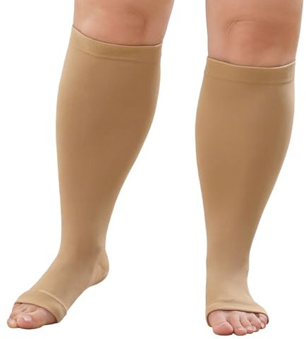LOFIR Calze a Compressione per Uomo e Donna: Medico Graduata 20-30 mmHg Classe III Elastiche Contenitivo Punta Aperta Polpaccio Spessi al Ginocchio Taglia Grande Beige 1Paia