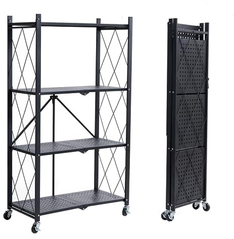 BRIAN & DANY Fällbar hylla med hjul, 4 våningar, vikbar kraftig hylla, metallhylla, svart, förvaringshylla, hopfällbar hylla för köket, kontoret, 71 x 36 x 127 cm