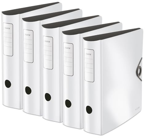 Leitz Qualitäts-Ordner 180° Active Solid, 5er Pack, A4, Breit, Abgerundeter Rücken, 8,2 cm breit, Gummibandverschluss, Leichtes Polyfoam, Plastik-Ordner, Weiß, 10471001