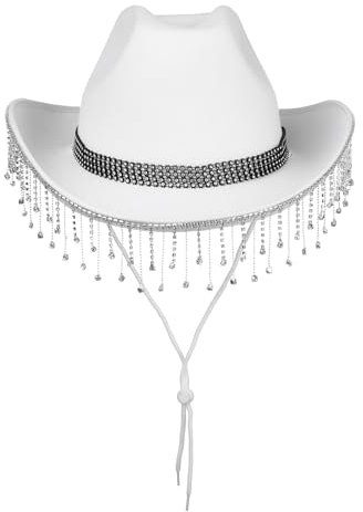 Freebily Damen Cowboyhut mit Strass Anhänger Deko Bride Cowgirl Hut Western Breit Krempe Cowboyhut Bachelorette Party Performance Accessoires Weiß One Size