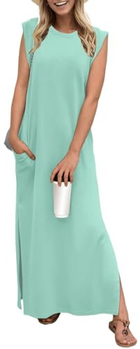 GRECERELLE Damen Sommer Maxikleid lässig Hemdkleider Elegante Stile ärmellos Maxikleider für Damen mit Schlitz und Taschen