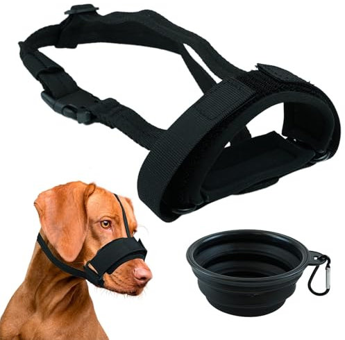 OKIDO Bozal para Perros Ajustable con Tira de Seguridad + Cuenco Plegable | Bozales para Perros Pequeños, Medianos y Grandes, Ideal para Adiestramiento (S)