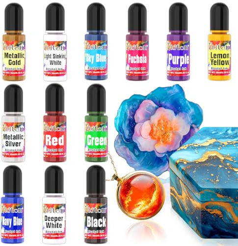 Alcohol Ink - Fidton 12 Colori ad Alcool Brillanti e Vivaci per Resina, Inchiostri ad Alcool per Oggetti d'Arte, Pittura, Creazione di Gioielli in Resina, Artigianato Fai Da Te - 10 ml