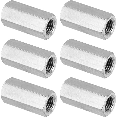 PATIKIL M10 x 1,25-Pitch 304 Edelstahl Sechskant-Kupplungsmuttern, 6 Stück 30mm/1,2 Länge Vollgewinde-Verbindungselemente, Silberton