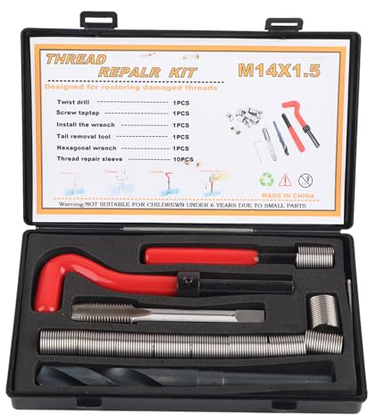 Kodrily 15Pcs Thread Inserts Repair Kit, M14x1.5 Drill Helicoil Repair Kit, Stainless Steel Helicoil Thread Repair Kit for Separation Equipment, Radiators, Automotive Parts