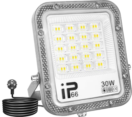 YOJZMA Projecteur LED Extérieur avec prise 30W Éclairage de Sécurité Blanc | 3000LM, 6000K, IP66 Étanche, Spot LED Extérieur pour Jardin, Garage, Cour, Terrain Sport, Patio, Allée, Porche