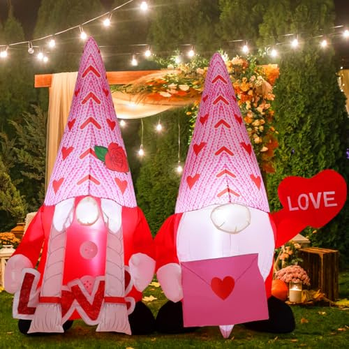 GOOSH 5.5 FT Long Valentines Day Inflatables Gnomes Outdoor Decorations Blow Up Yard Pink Gnomes Couple with Built-in LEDs for Garden Lawn Indoor Decor