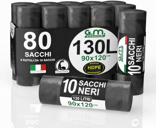 GM 80 Sacchi Neri Grandi Resistenti 90x120 cm Plastica HDPE, 130 litri, Sacchetti indifferenziata, Sacchi spazzatura, Buste Spazzatura, Sacchi condominiali, 8 Rotoli da 10 Buste Immondizia