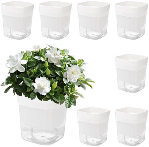 HEIYUET 8 Stück 12cm Weiß Selbstbewässerungstopf Klein, Blumentopf Selbstbewässernd Eckig, Selbstbewässernder Kräutertopf mit Bewässerungssystem, Selbstbewässernder Pflanztopf für Küchenkräuter