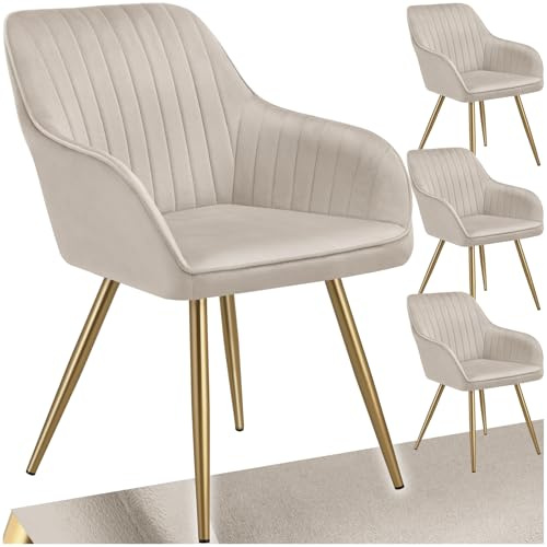 tectake® Esszimmerstuhl, gesteppter Samtstoff Stuhl, mit Armlehnen, als Essgruppe, Küchenstühle modern, gemütlicher Sessel Wohnzimmer, Dining Lounge, Schminktisch Stuhl- Taupe/Gold, 4er Set | durchgehende Lehne, schlanke goldene Stahlbeine, bodenschonende Kunststoffkappen, belastbar 120 kg, Sitz, Stuhl, taupe/gold