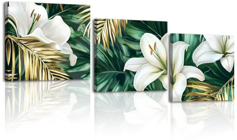 Piy Painting Natur Leinwand Wandbilder, Grünliche Lilie Blume Wandbild Kunstdrucke, Weiß Grün Leinwanddruck, Gemälde Für Wohnzimmer Büro Besprechungsraum Badezimmer, 3 Paneele 40x30cm