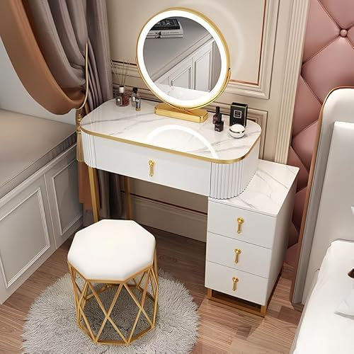 Schminktisch mit Beleuchtung und Hocker,Schminktisch 70 cm breit mit Spiegel und 4 Schubladen für Damen und Mädchen (Weißes Kommodenset)