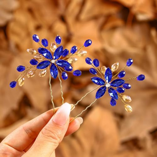 IYOU Mujeres Boda Horquillas Azul Real Flores Pieza de pelo Brillante Cristal Barroco Novia Prom Novia Accesorios para el cabello para Dama de Honor Invitado(Paquete de 2)