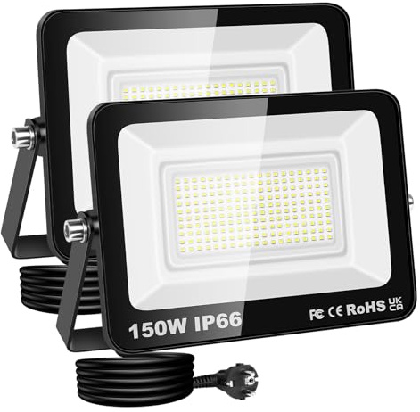 RIGIDON Led utomhusstrålkastare, 2x 150W 15000LM strålkastare med stickpropp, nätdriven säkerhetsbelysning, uteplats för garagegård, uteplats, vattentät verkstad arbetsplats Arbetslampa, 6000K kallvit