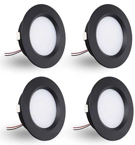 DYKUWEY Pack 4 Downlight LED Techo Empotrable 12V, 3W ojos de buey led para techo, focos Led techo IP44 corte 55-58mm, Foco Empotrable LED Techo para cocina, escaparate (Negro,blanco Frío 6000k)
